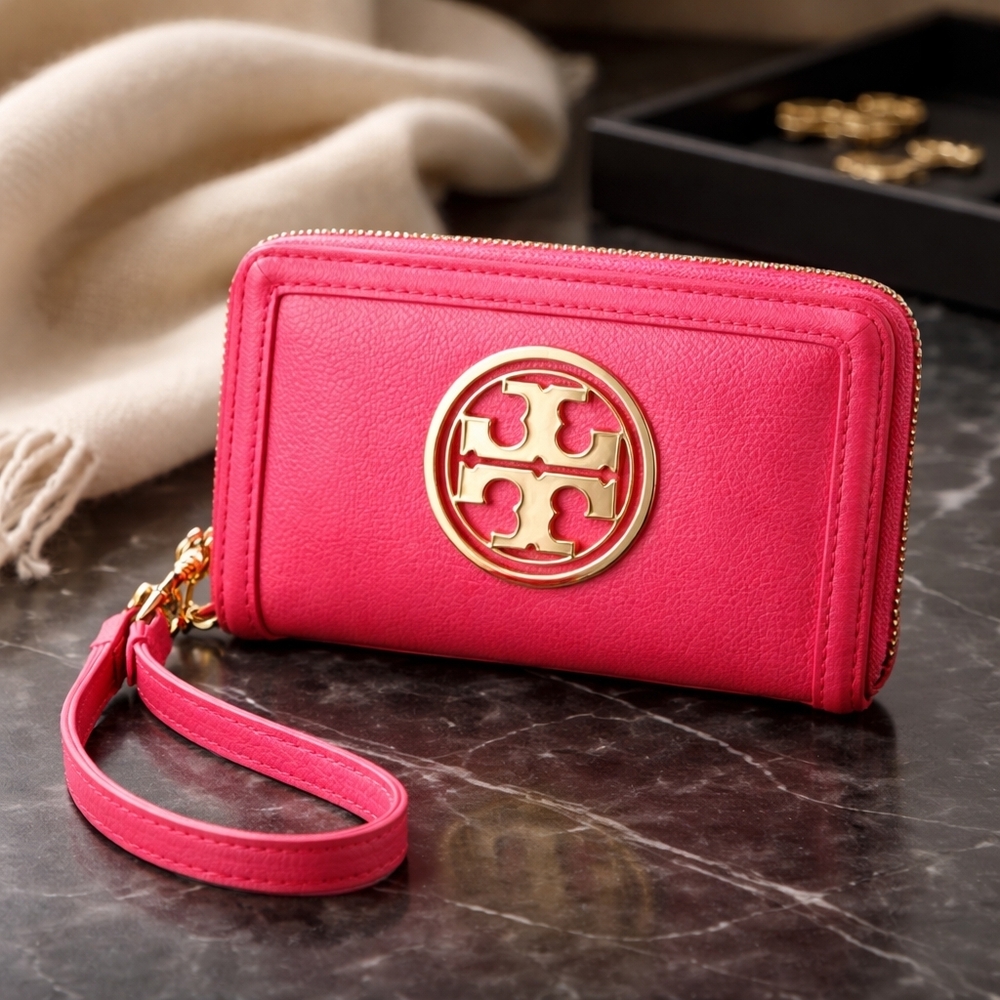 Tory Burch Pink Leather Wristlet Wallet with Gold Logo